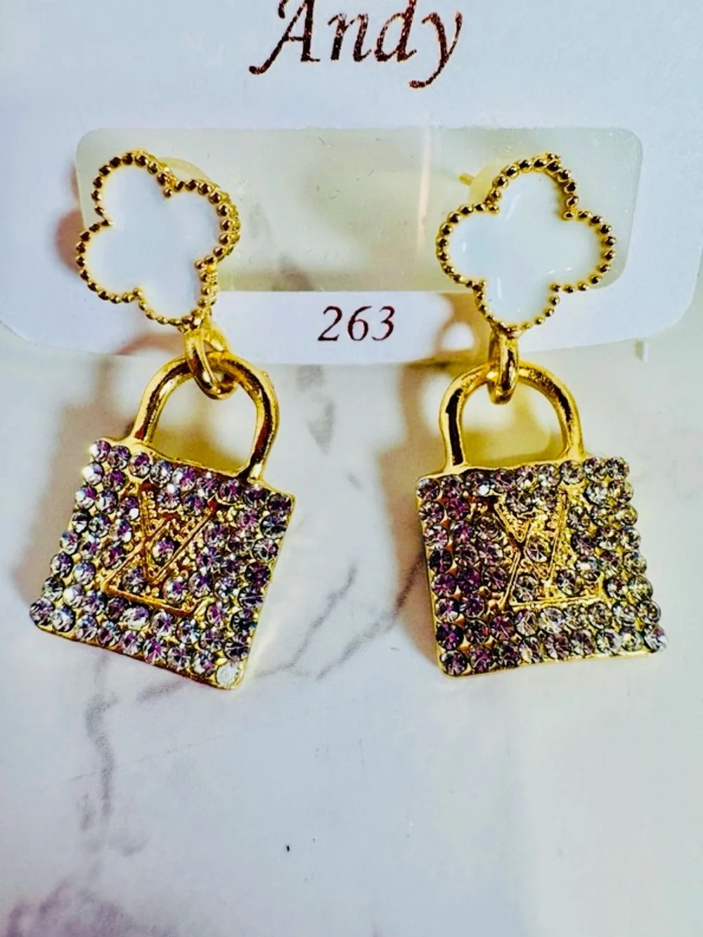 A-1DC-34: EARRINGS: White & Gold-Tone Lettering w/Rhinestones, NWOT